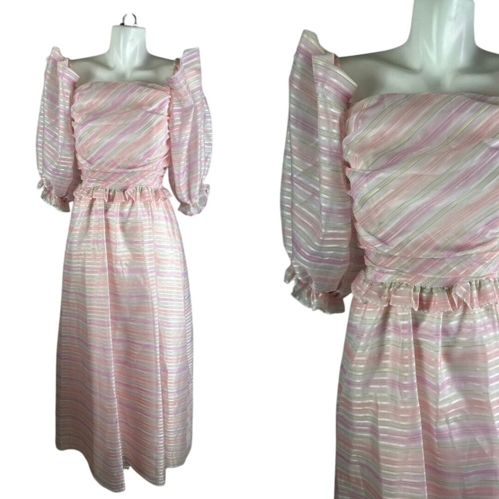 Vtg 80s Cotton Candy Pink Striped Puff Shoulder Party Dress Fairy kawaii 12 - Picture 2 of 7